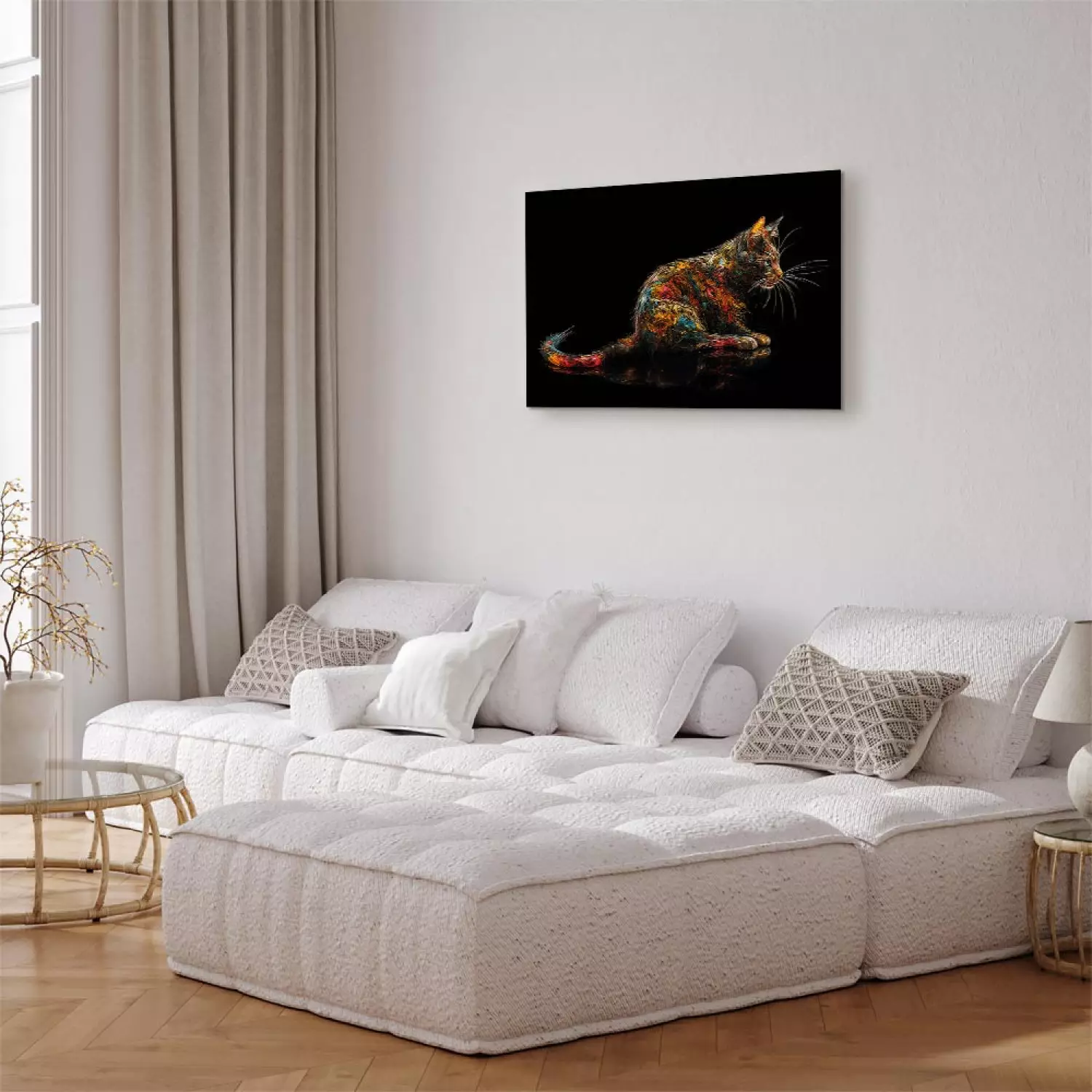 Canvas Art Print Colorful Cat - Gazing Into the Distance Animal Posing on a Black Background