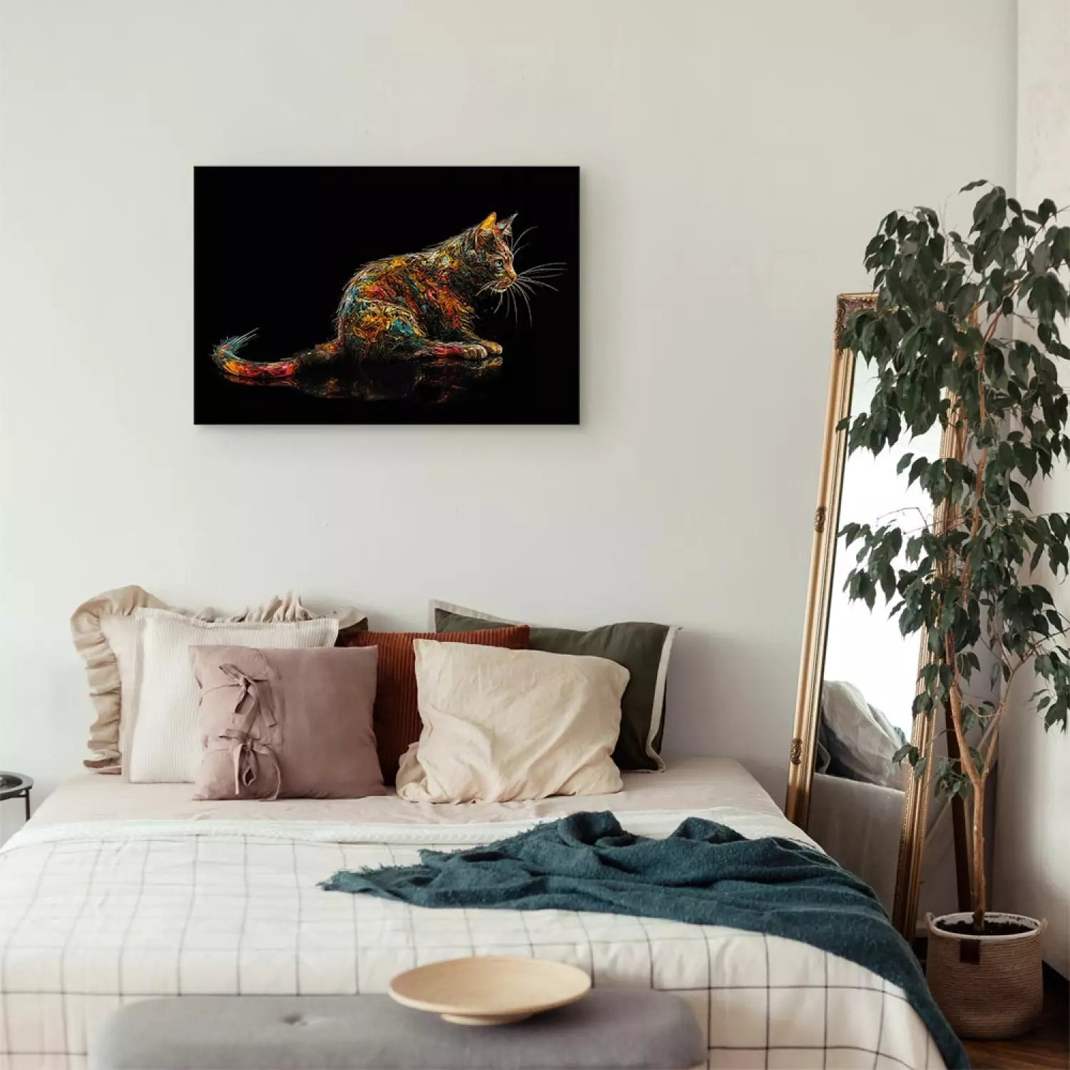 Canvas Art Print Colorful Cat - Gazing Into the Distance Animal Posing on a Black Background