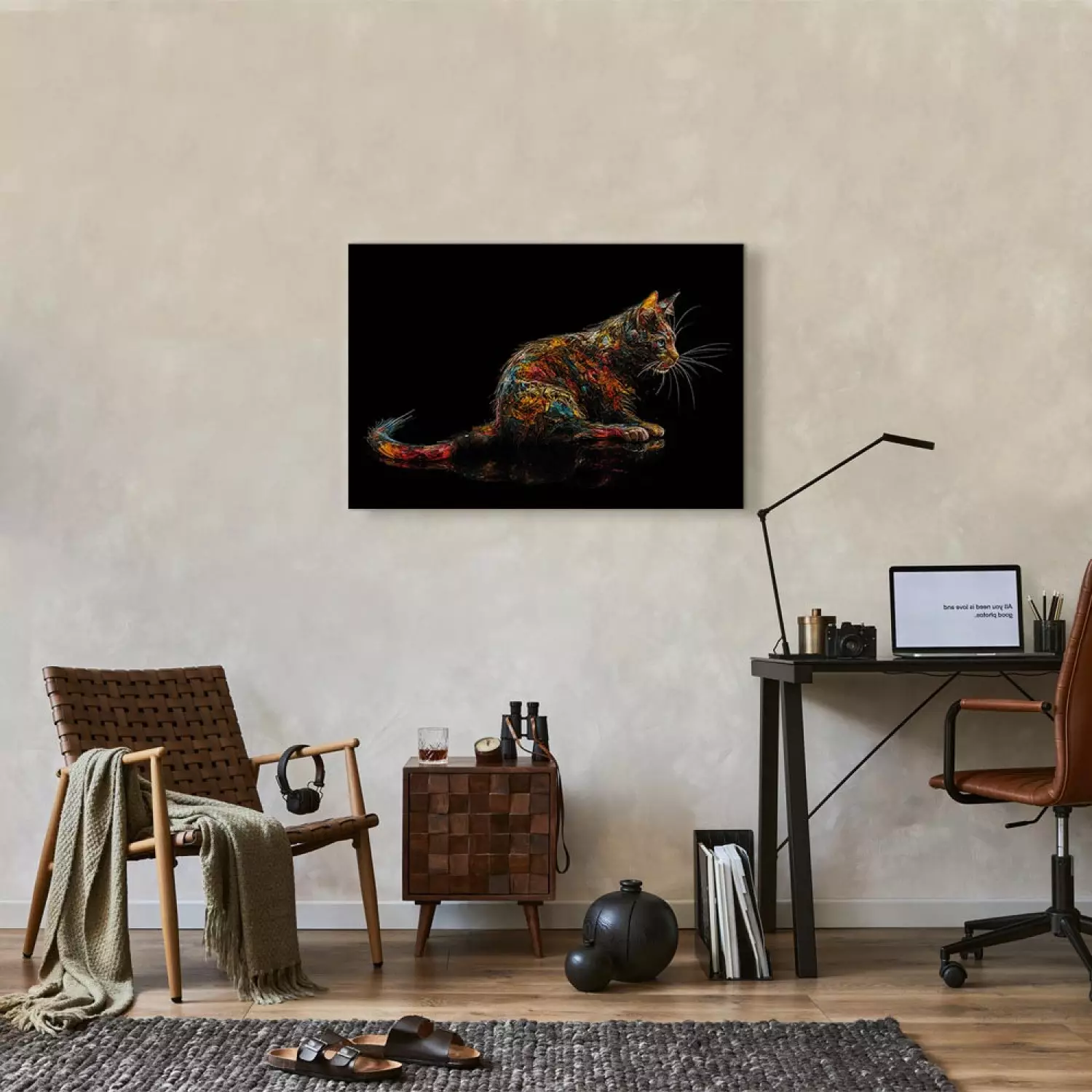 Canvas Art Print Colorful Cat - Gazing Into the Distance Animal Posing on a Black Background