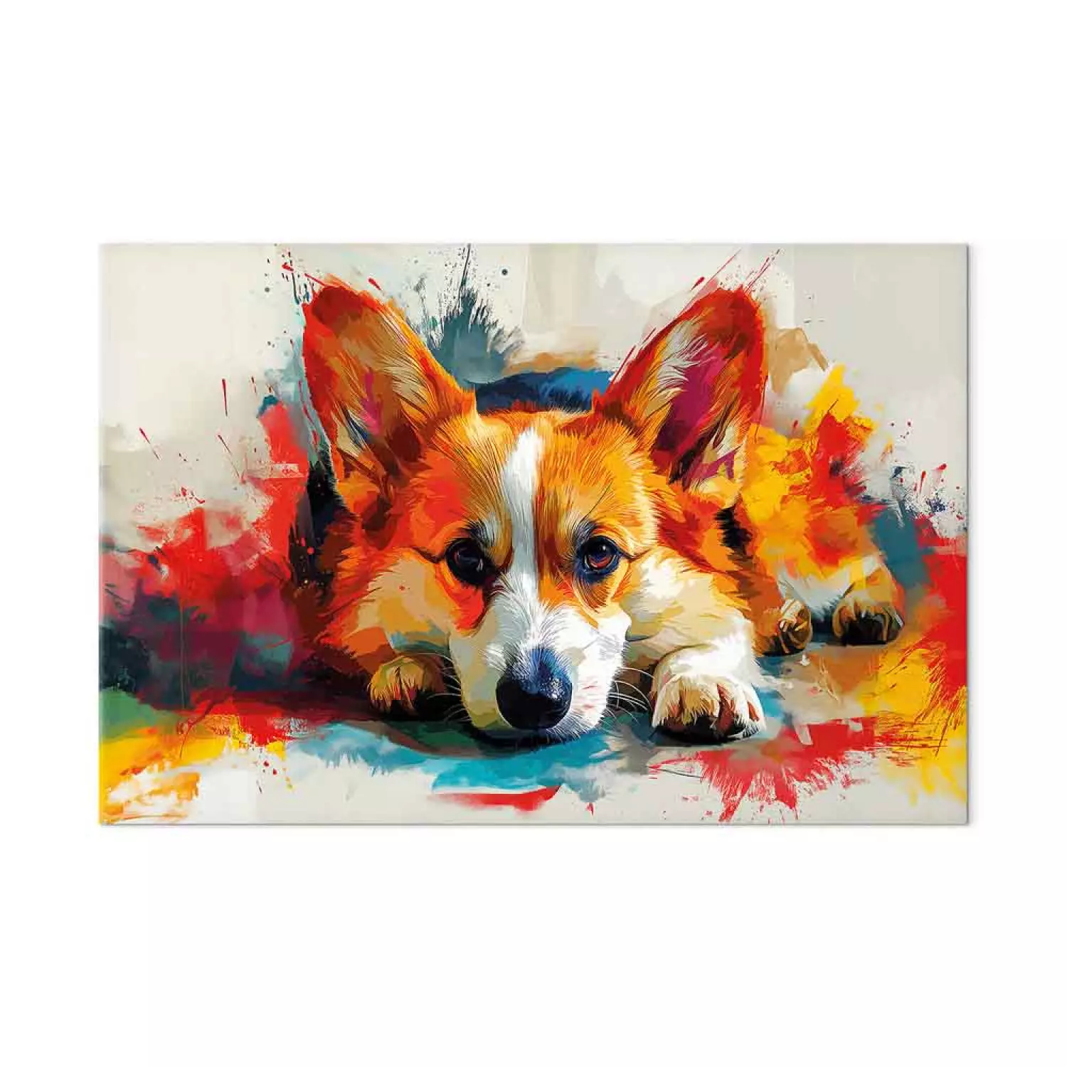 Canvas Painting Painting Dog Corgi Waiting for a Bone Among Colorful Paints bimago
