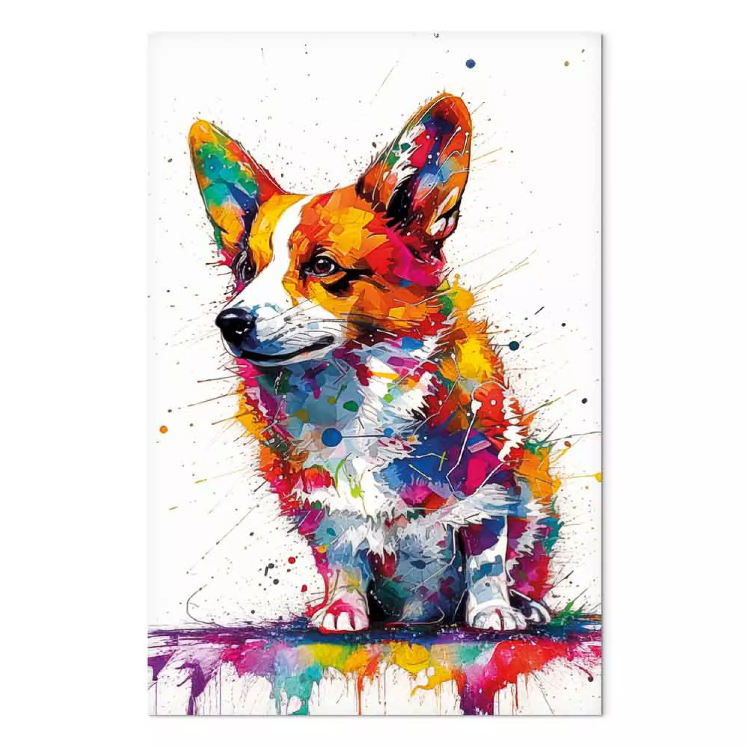 Canvas Print Colorful Dog Happy Corgi Among Paint on White Background bimago
