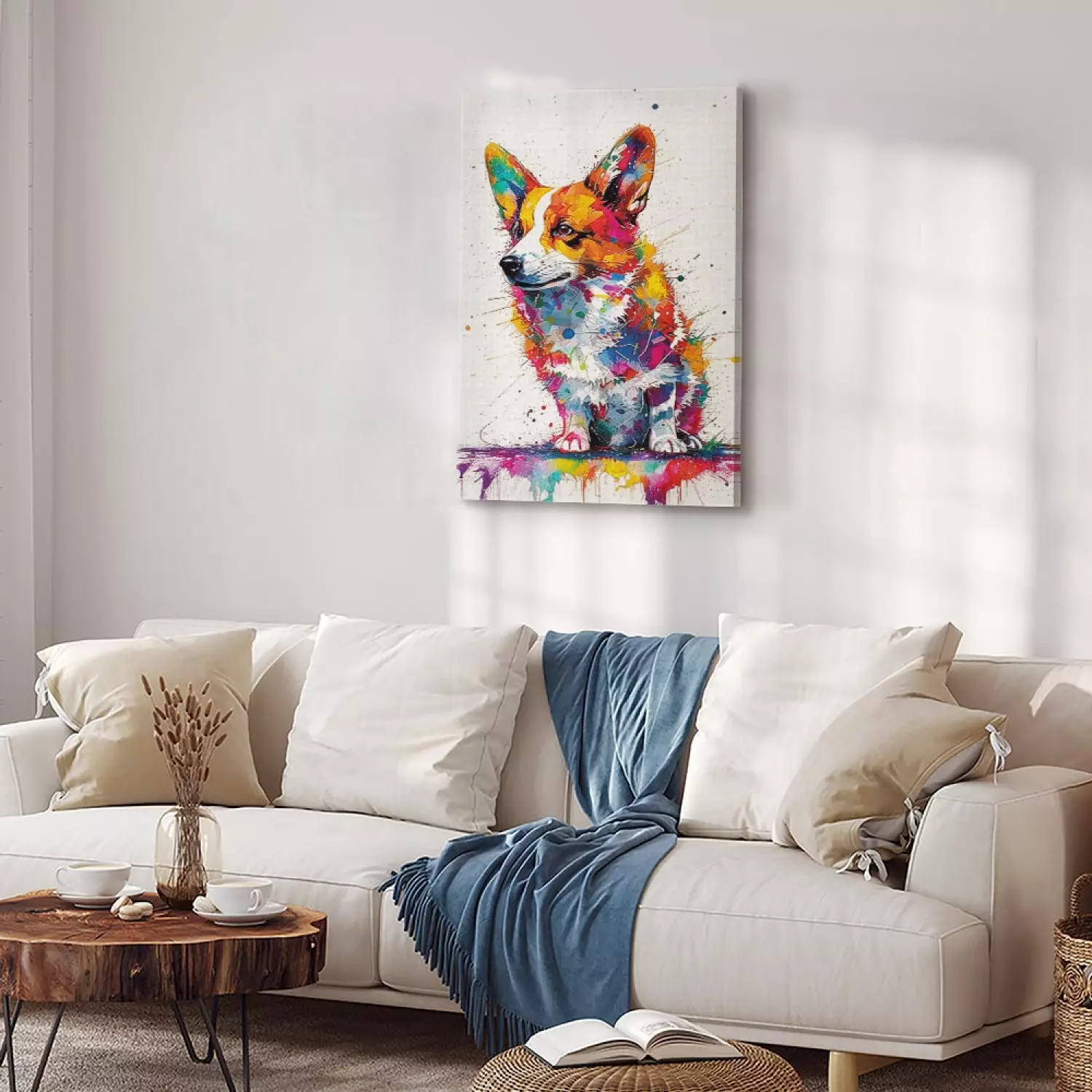 Canvas Print Colorful Dog Happy Corgi Among Paint on White Background bimago