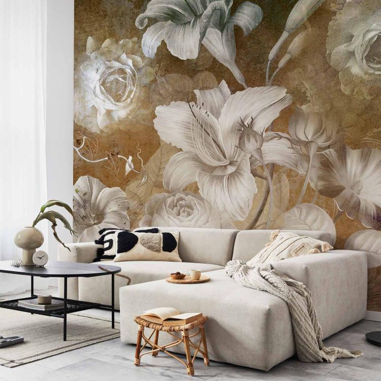 Wall Mural Vintage Flowers - Large White Plants on a Dark Background - Brown Version