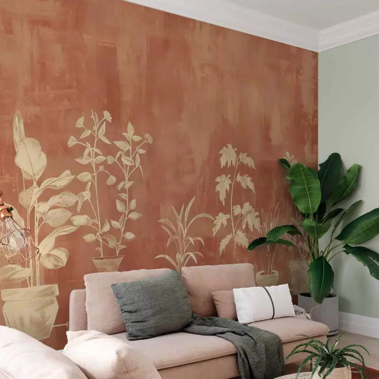 Outlines of Pots - Decorative Motif on a Terracotta-Colored Background