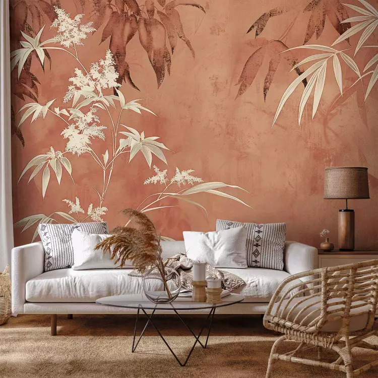 Leaves on the Wall - Composition With Plants on a Background in Terracotta Color