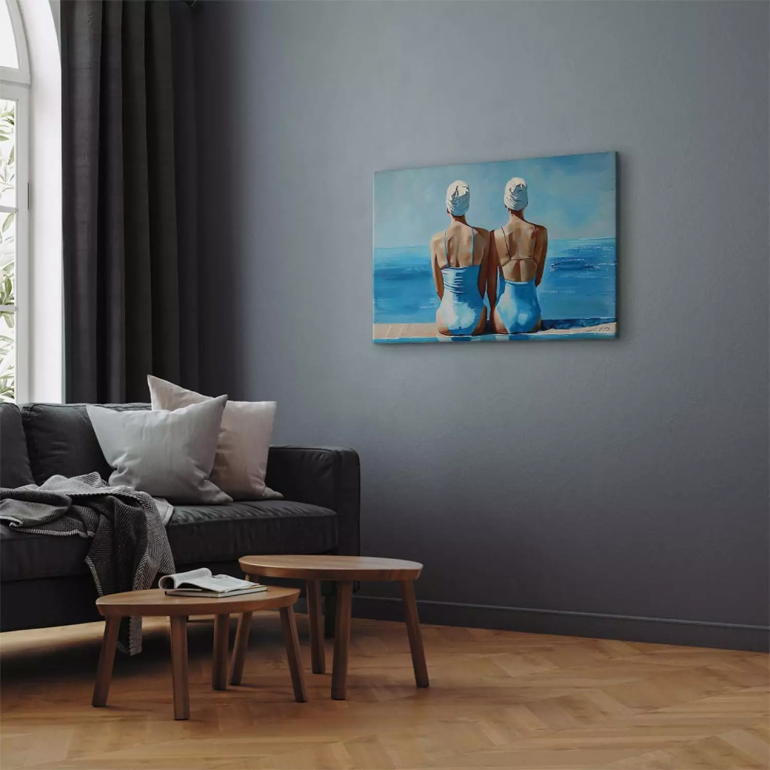 Canvas Print Blue Harmony - Two Women in Swimsuits by the Sea