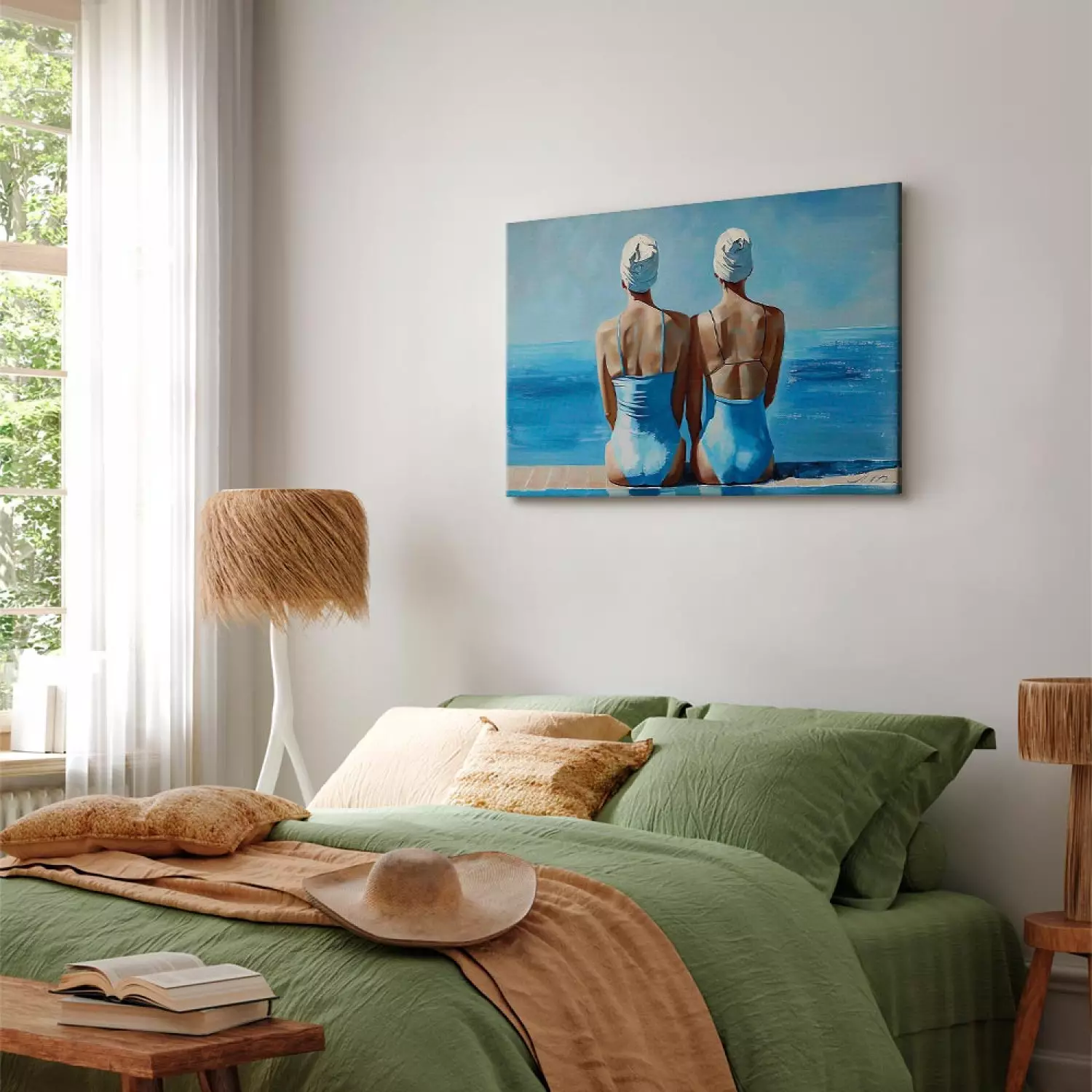 Canvas Print Blue Harmony - Two Women in Swimsuits by the Sea