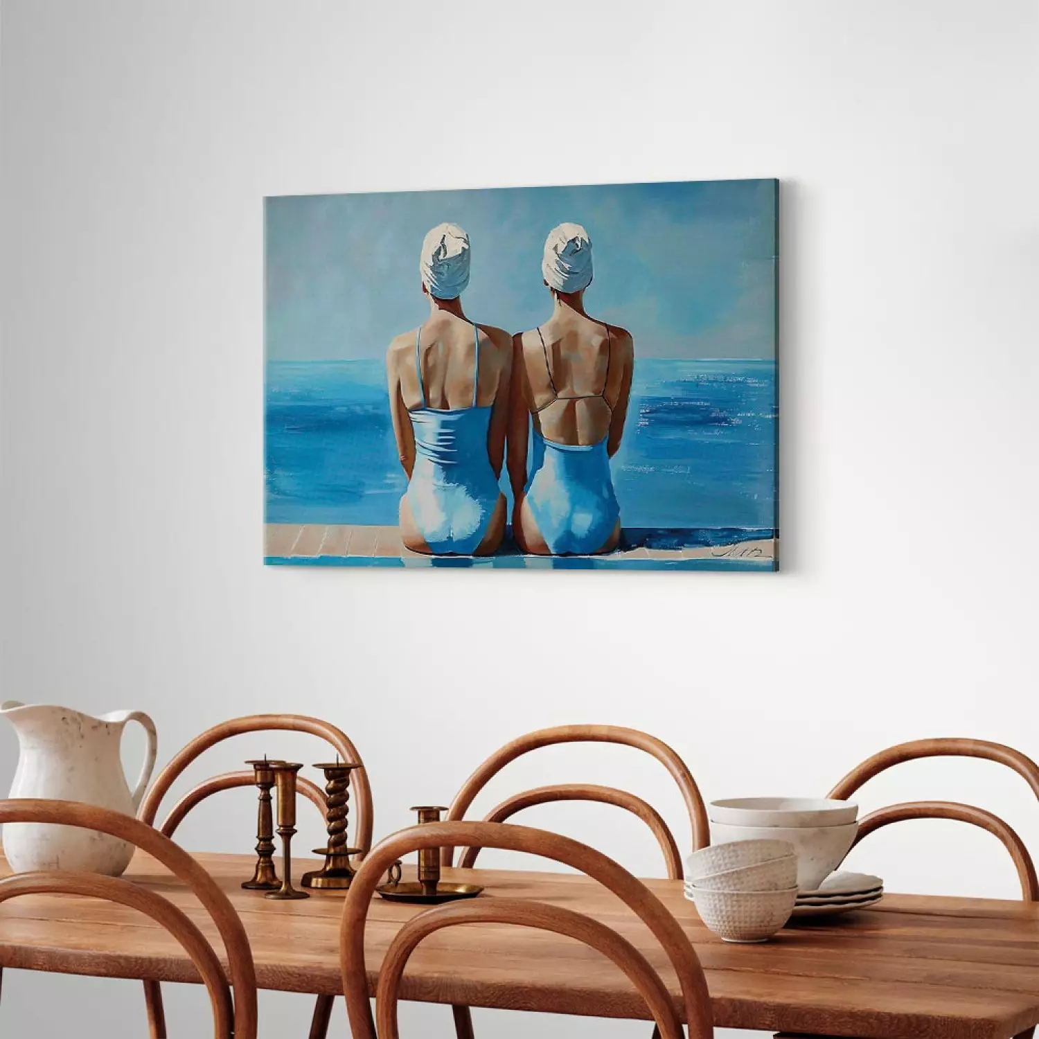 Canvas Print Blue Harmony - Two Women in Swimsuits by the Sea