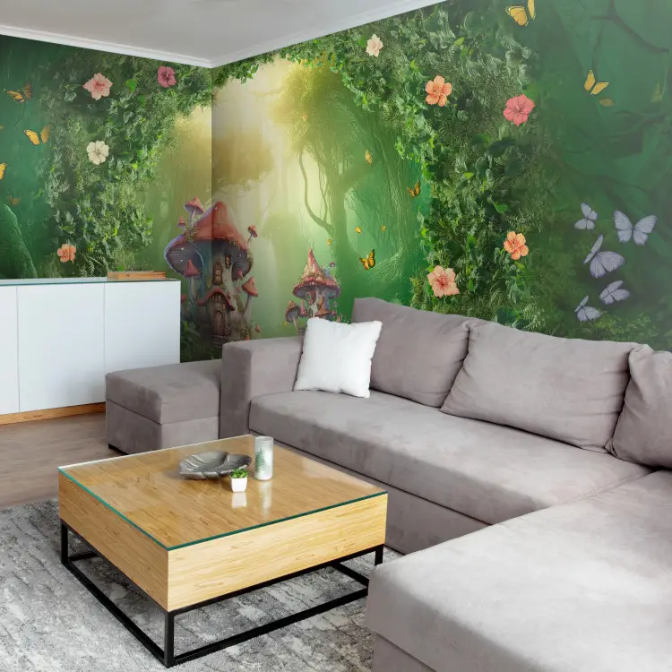 Wall Mural Forest Kingdom - Colorful Mushrooms and Flowers in an ...