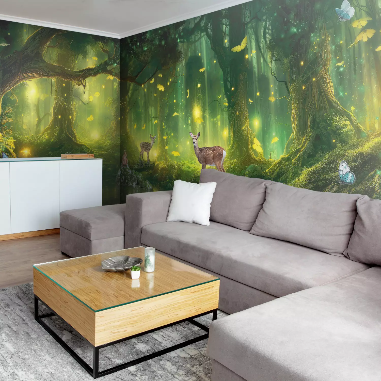 Wall Mural Magical Forest - Deer and Skylarks in an Enchanted Landscape