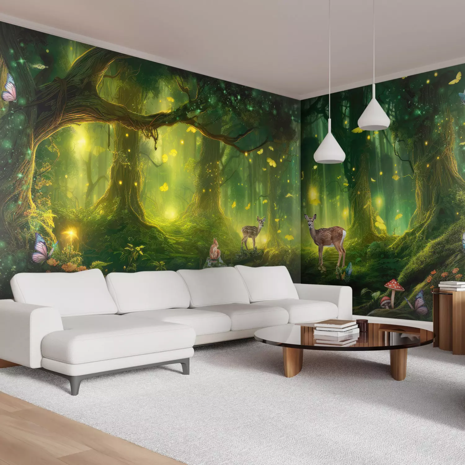 Wall Mural Magical Forest - Deer and Skylarks in an Enchanted Landscape