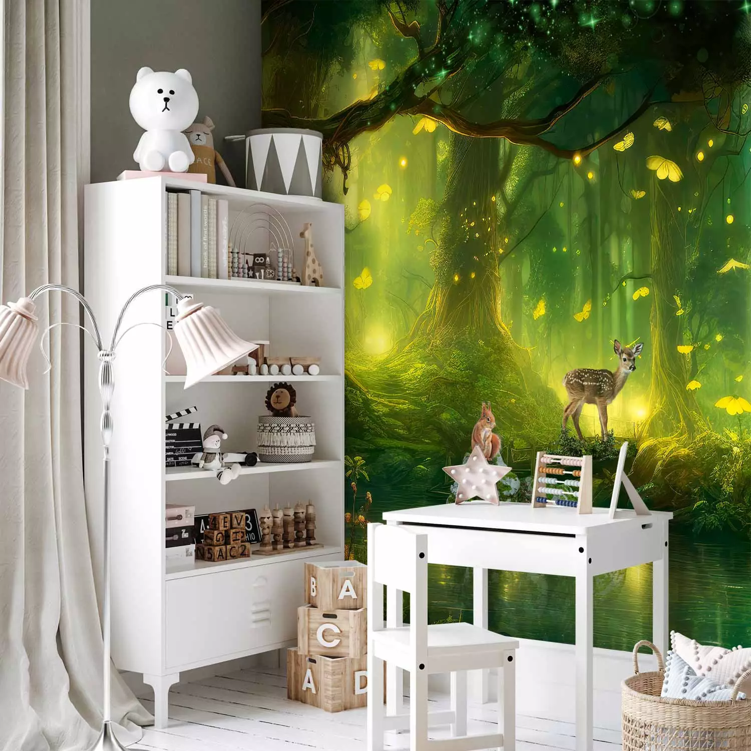 Wall Mural Magical Forest - Deer and Skylarks in an Enchanted Landscape