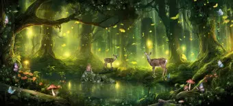 Wall Mural Magical Forest - Deer and Skylarks in an Enchanted Landscape Wallpaper Cropper