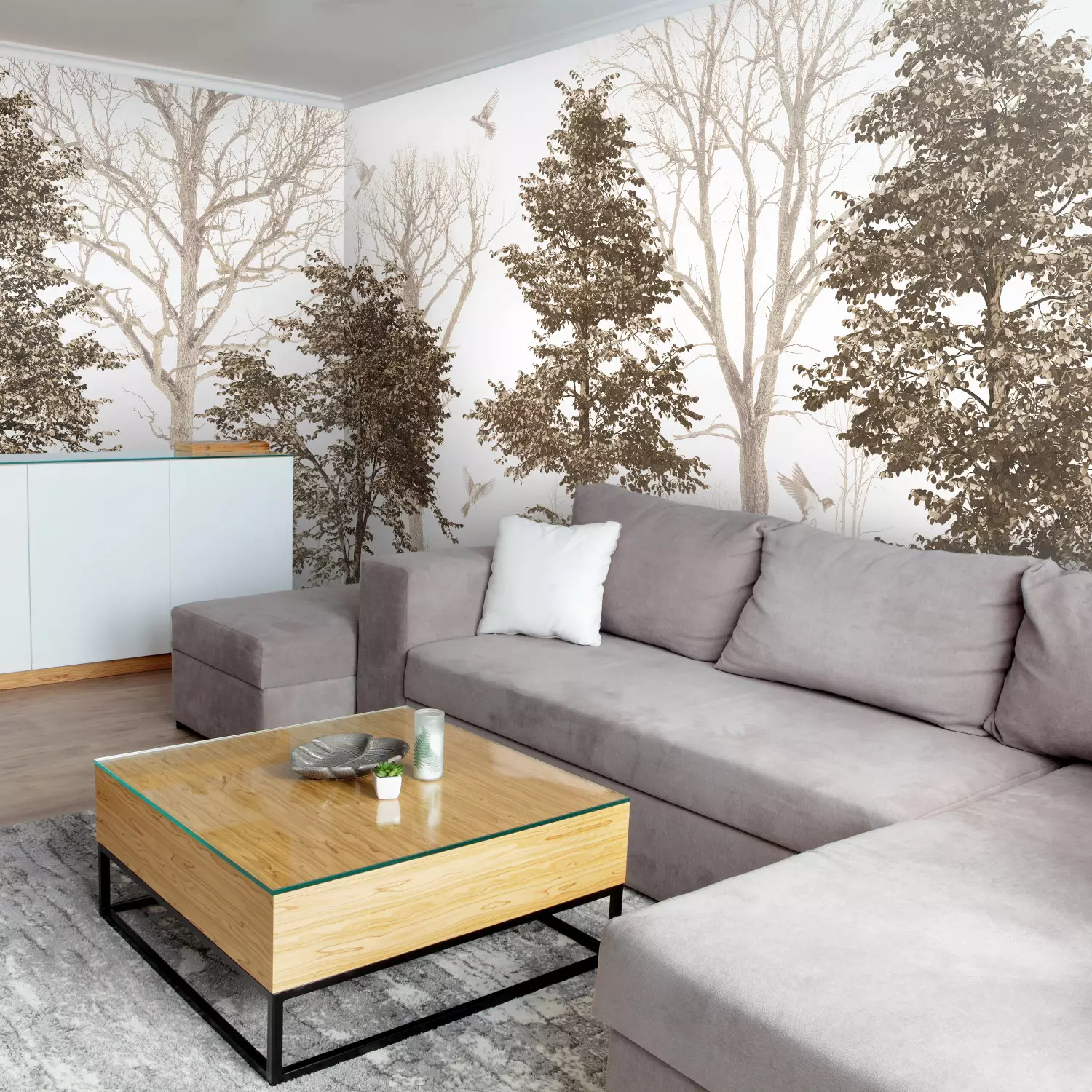 Photo Wallpaper Forest Nostalgia - Delicate Trees and Flying Birds in Gray