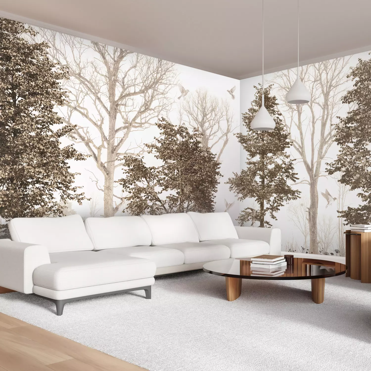 Photo Wallpaper Forest Nostalgia - Delicate Trees and Flying Birds in Gray
