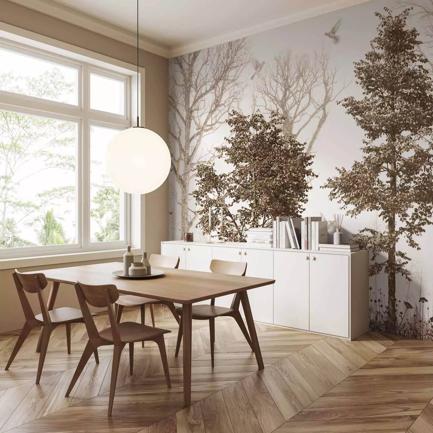 Photo Wallpaper Forest Nostalgia - Delicate Trees and Flying Birds in Gray