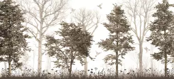 Photo Wallpaper Forest Nostalgia - Delicate Trees and Flying Birds in Gray Wallpaper Cropper