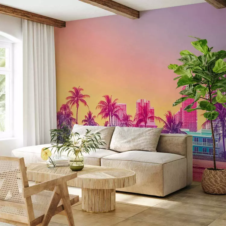 Sunset Beach - Colorful Skyscrapers with Palm Trees and Sand