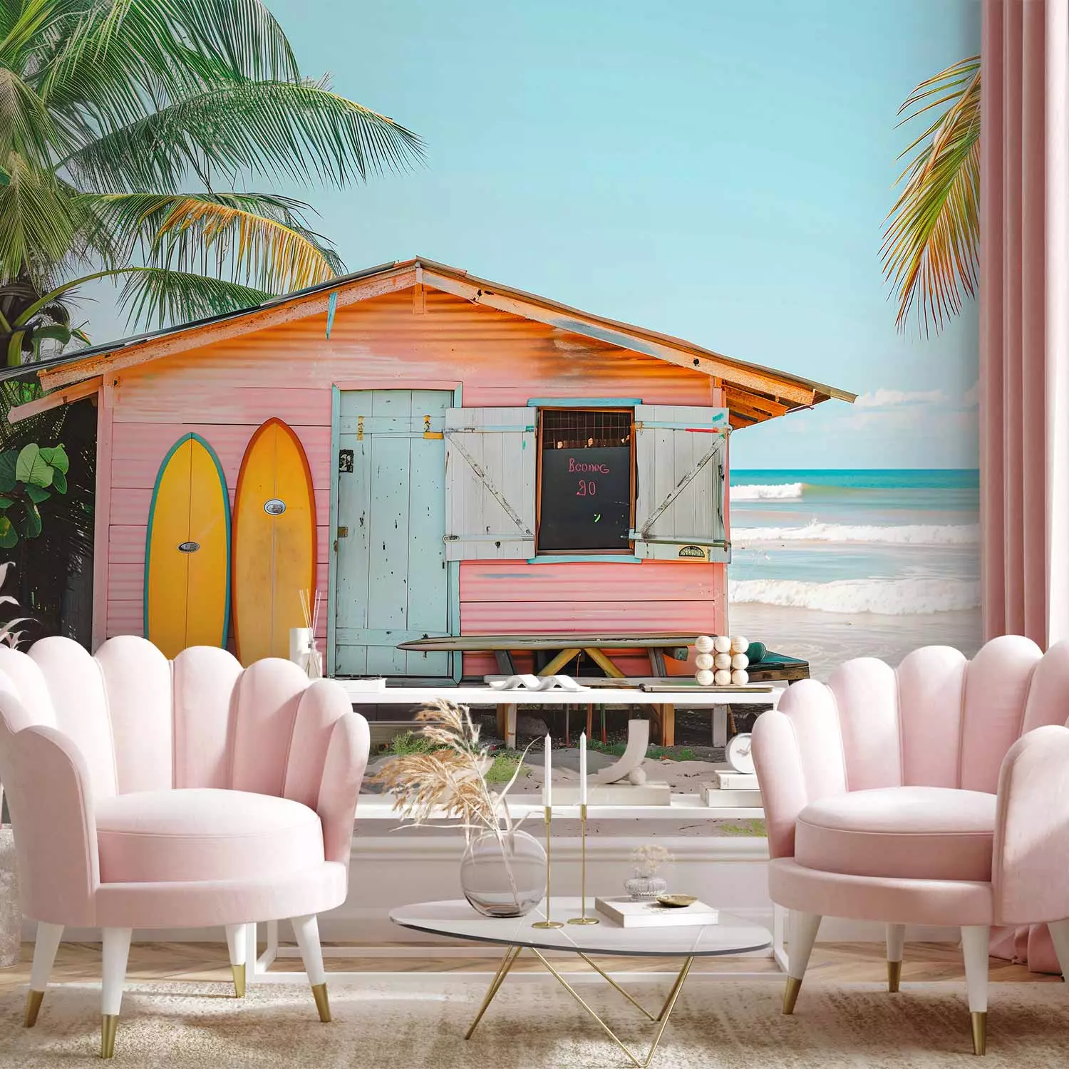Wall Mural Surf Shack - Pastel House with Two Surfboards and Palm Trees