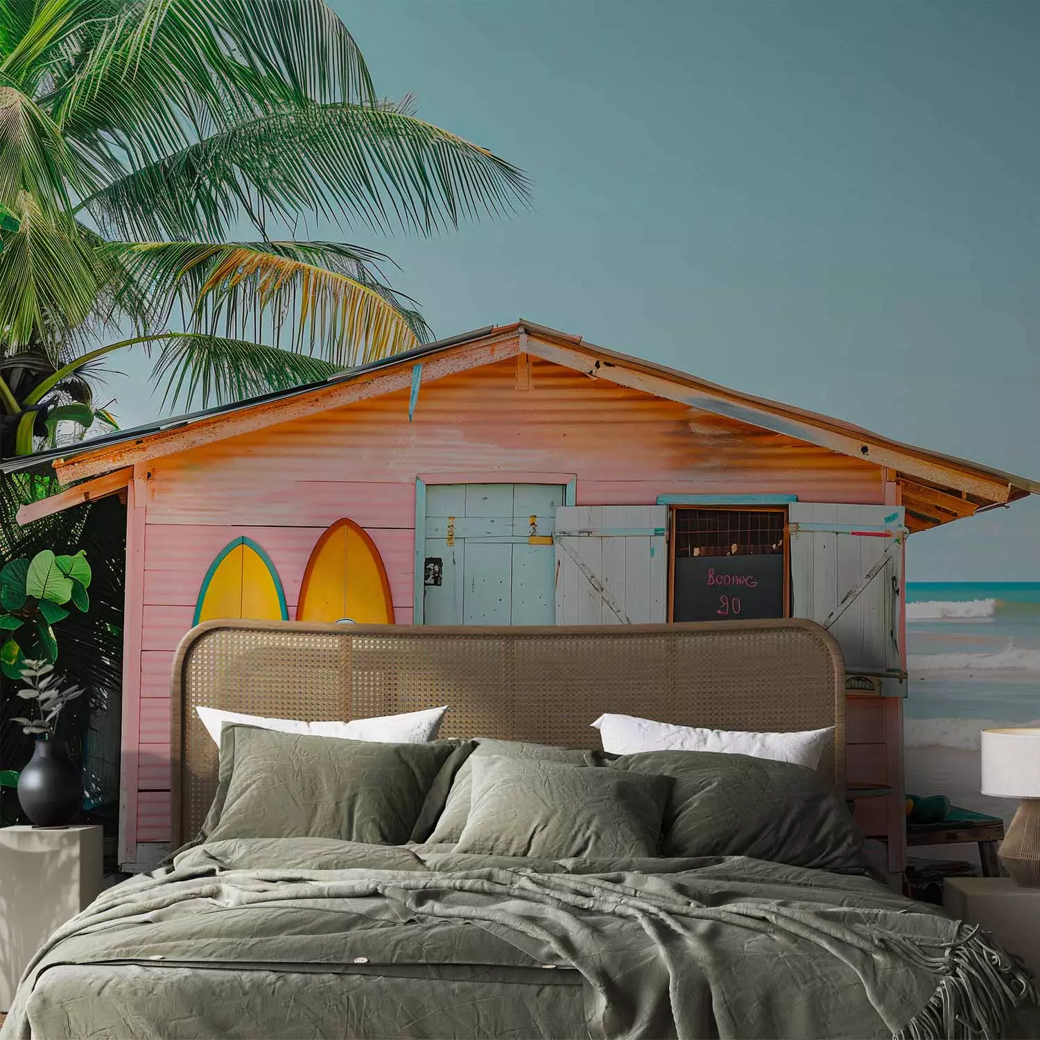 Wall Mural Surf Shack - Pastel House with Two Surfboards and Palm Trees