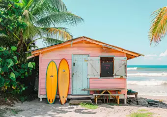 Wall Mural Surf Shack - Pastel House with Two Surfboards and Palm Trees Wallpaper Cropper