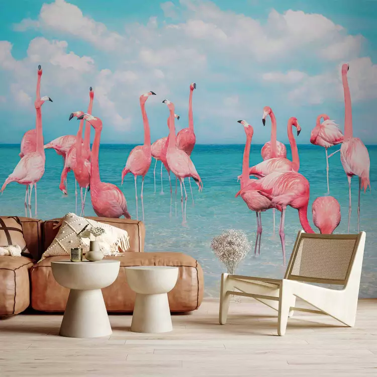 Flock of Flamingos - Pink Birds in Crystal Clear Water