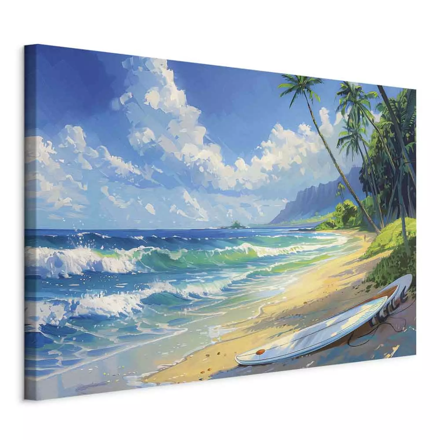 Canvas Lone Board - Beach with Ocean Waves and Palms in the Background