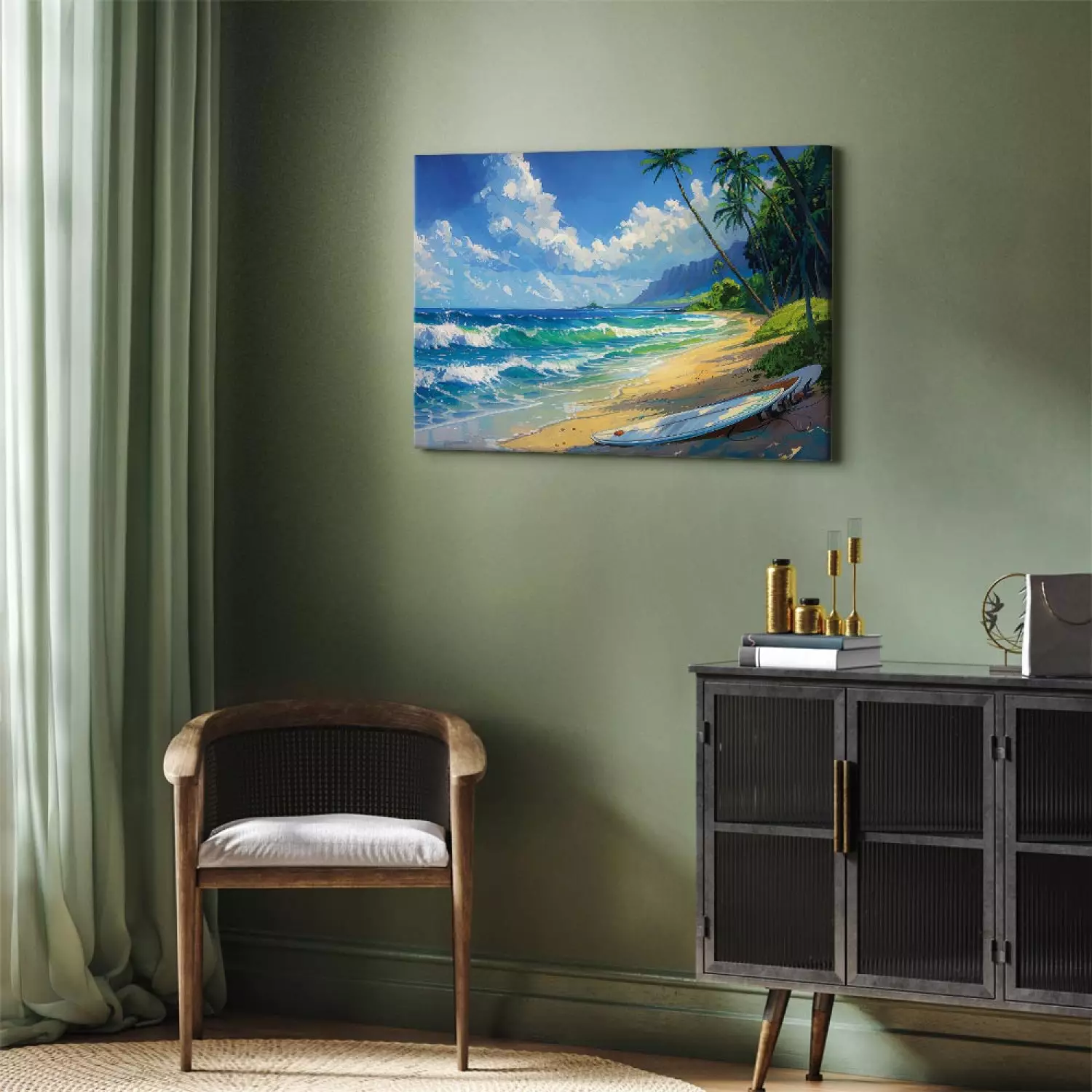 Canvas Lone Board - Beach with Ocean Waves and Palms in the Background