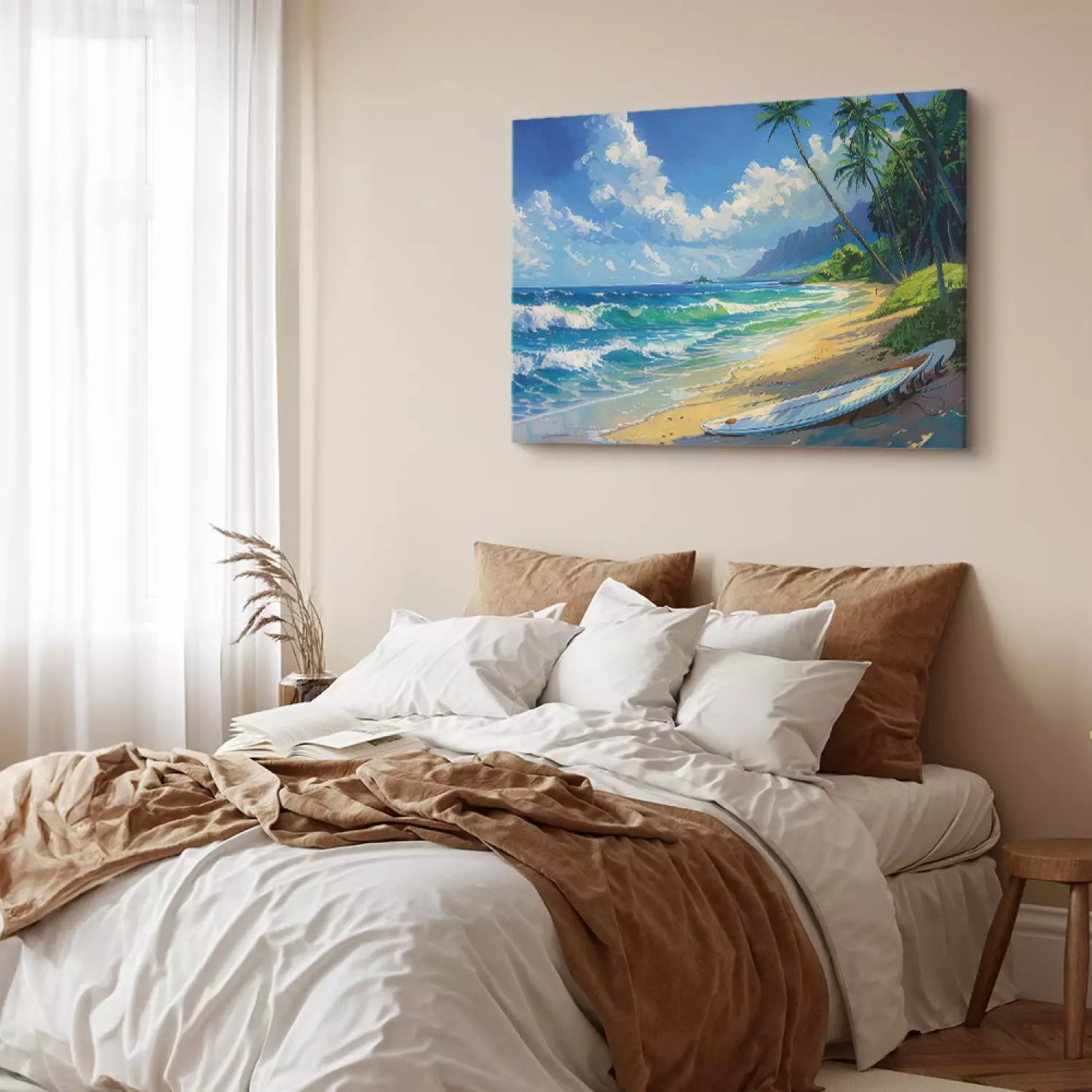 Canvas Lone Board - Beach with Ocean Waves and Palms in the Background