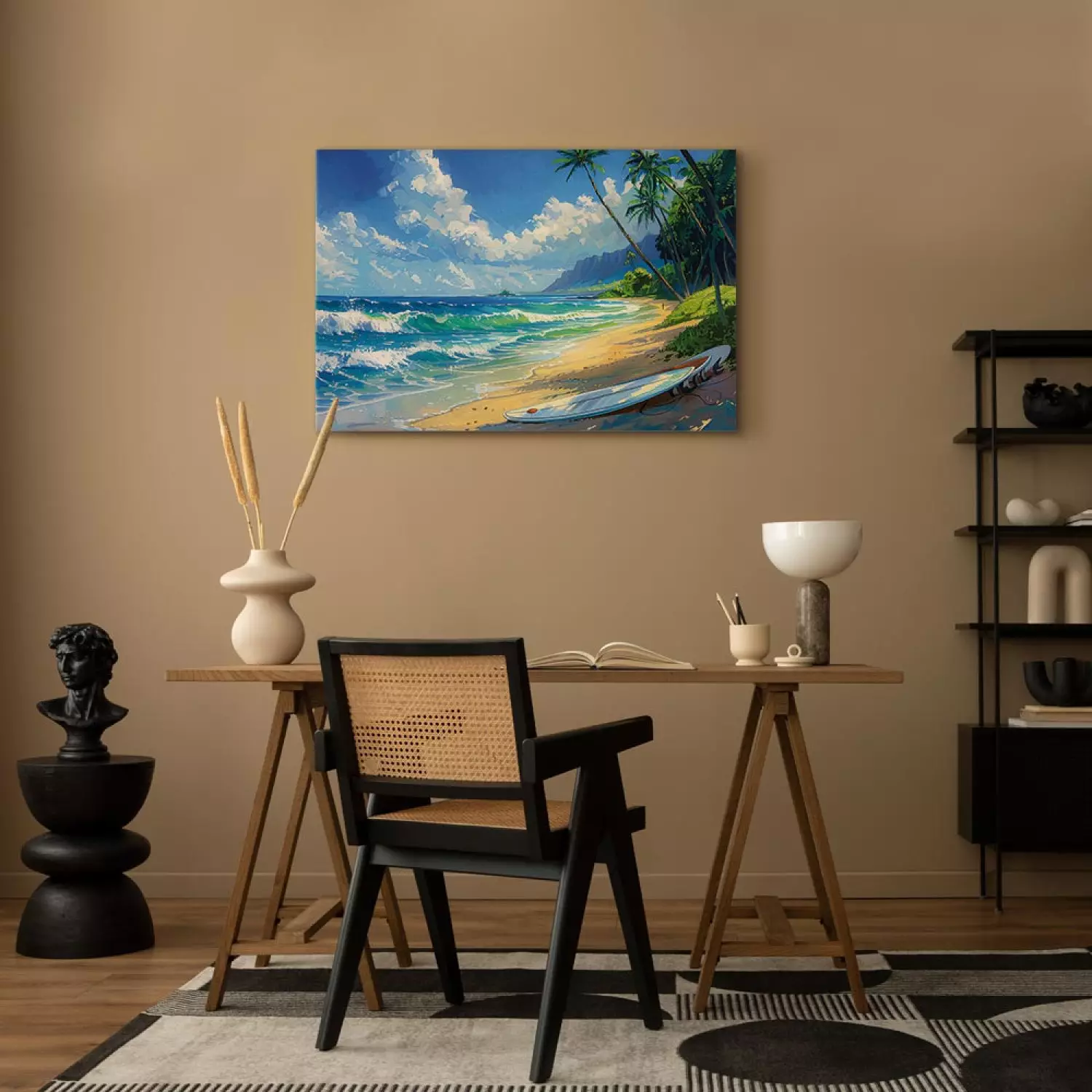Canvas Lone Board - Beach with Ocean Waves and Palms in the Background