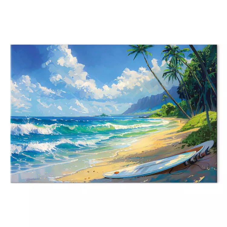 Lone Board - Beach with Ocean Waves and Palms in the Background