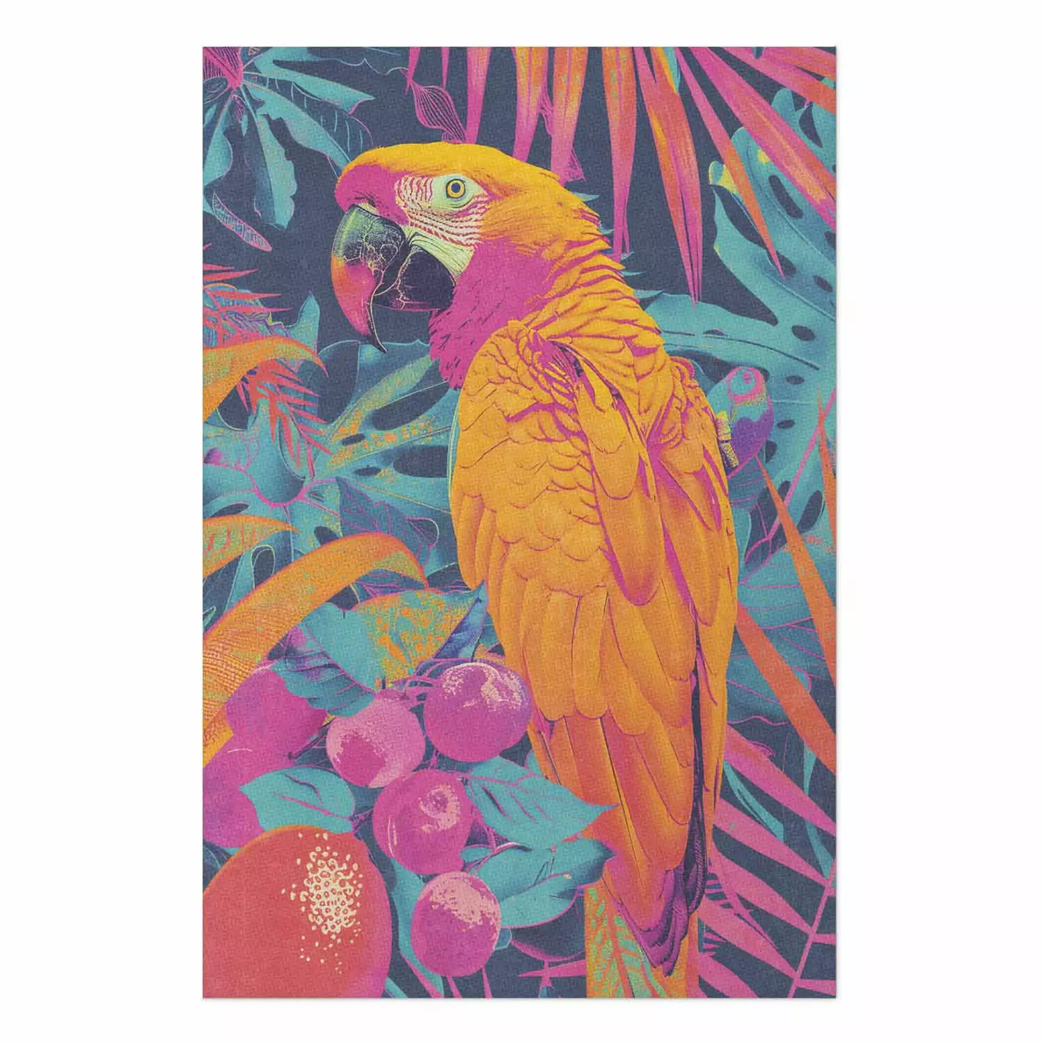 Wall Poster Exotic Bird - Neon Parrot Against a Background of Tropical Leaves and Fruits