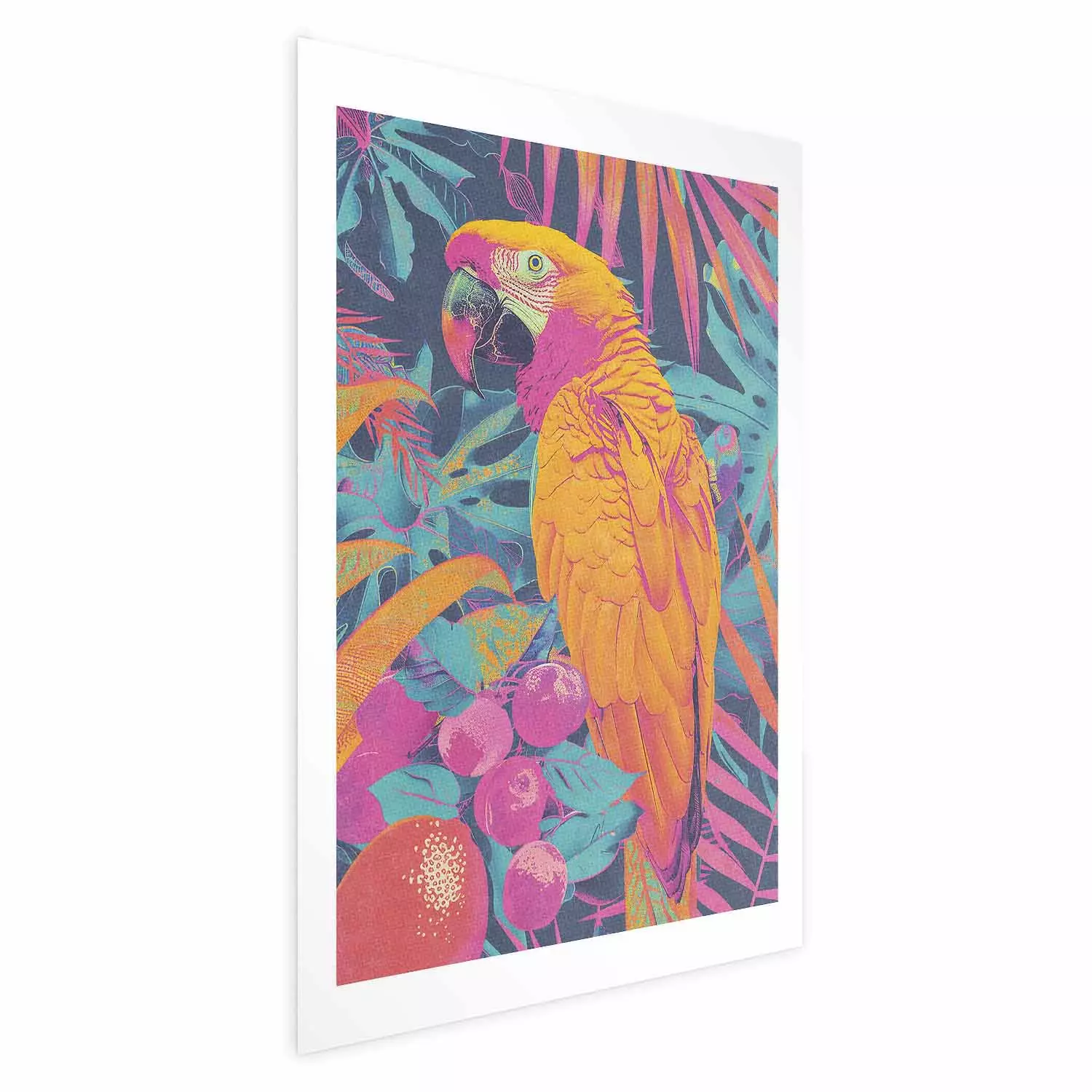 Wall Poster Exotic Bird - Neon Parrot Against a Background of Tropical Leaves and Fruits