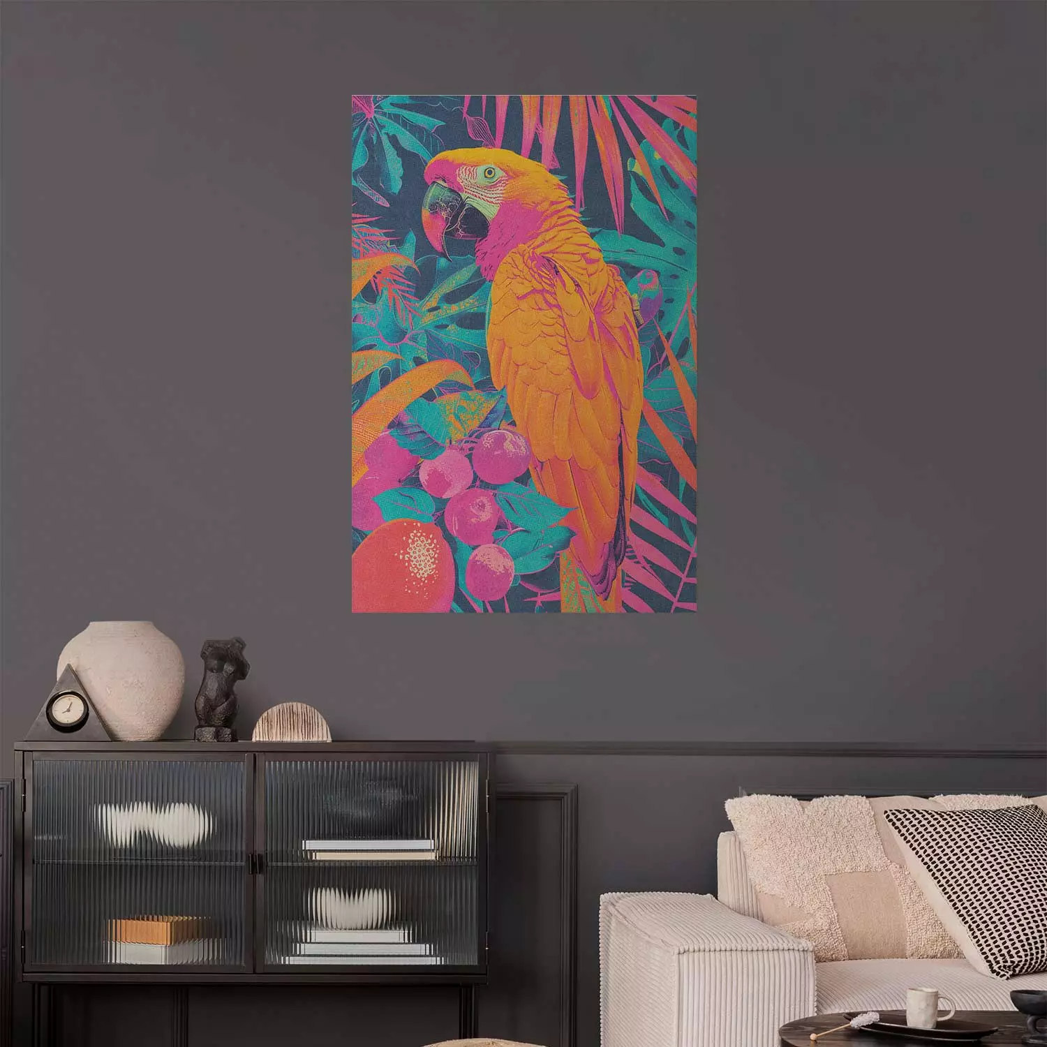 Wall Poster Exotic Bird - Neon Parrot Against a Background of Tropical Leaves and Fruits