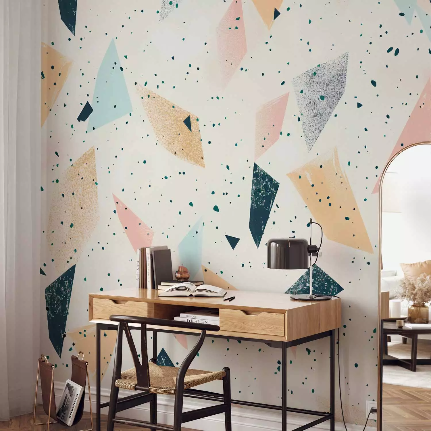 Photo Wallpaper Colorful Chaos - Dynamic Shapes in Pastel Hues on Light Background