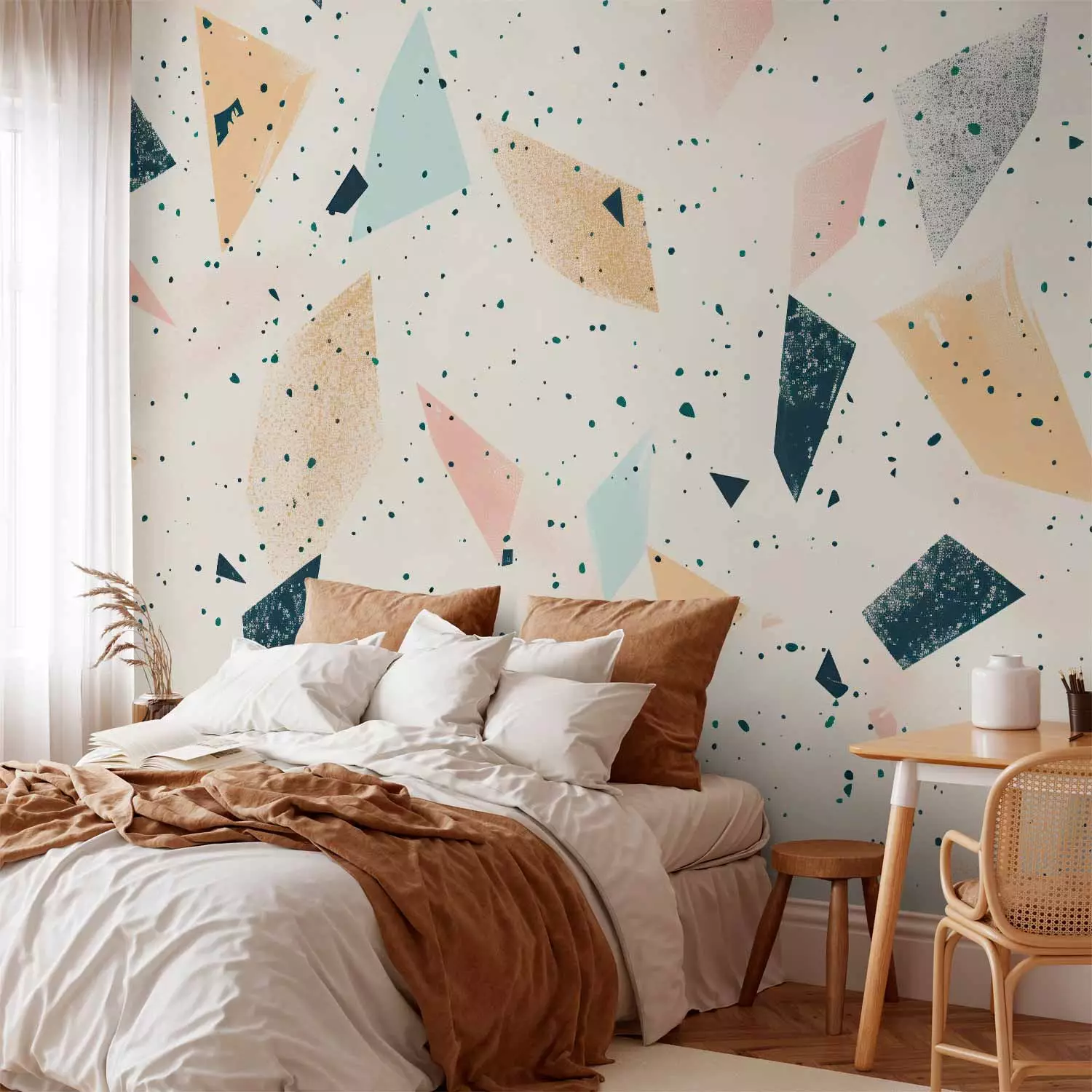 Photo Wallpaper Colorful Chaos - Dynamic Shapes in Pastel Hues on Light Background