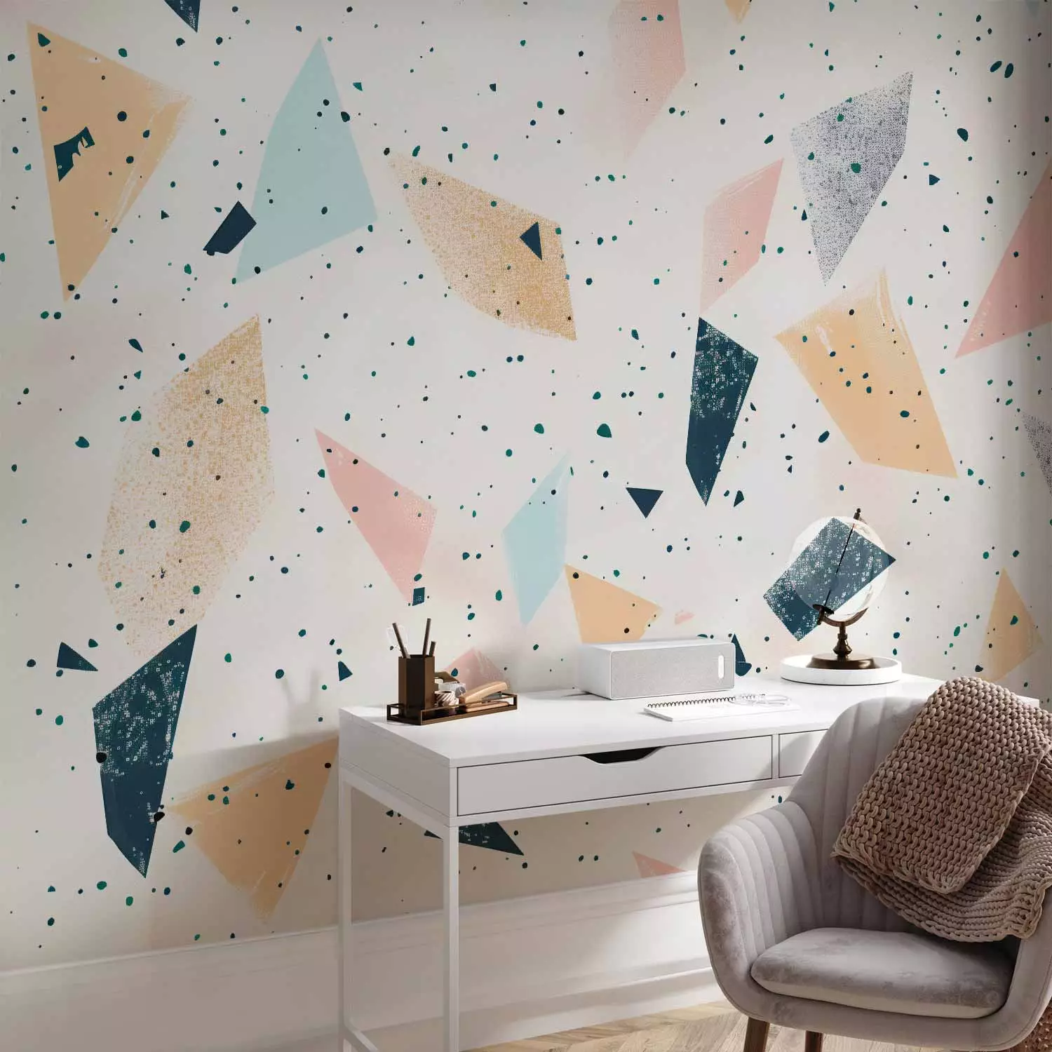 Photo Wallpaper Colorful Chaos - Dynamic Shapes in Pastel Hues on Light Background