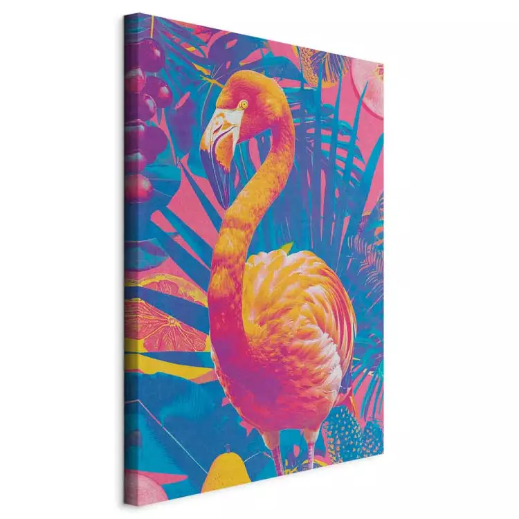 Colorful Flamingo - Exotic Bird Among Tropical Leaves and Juicy Fruits