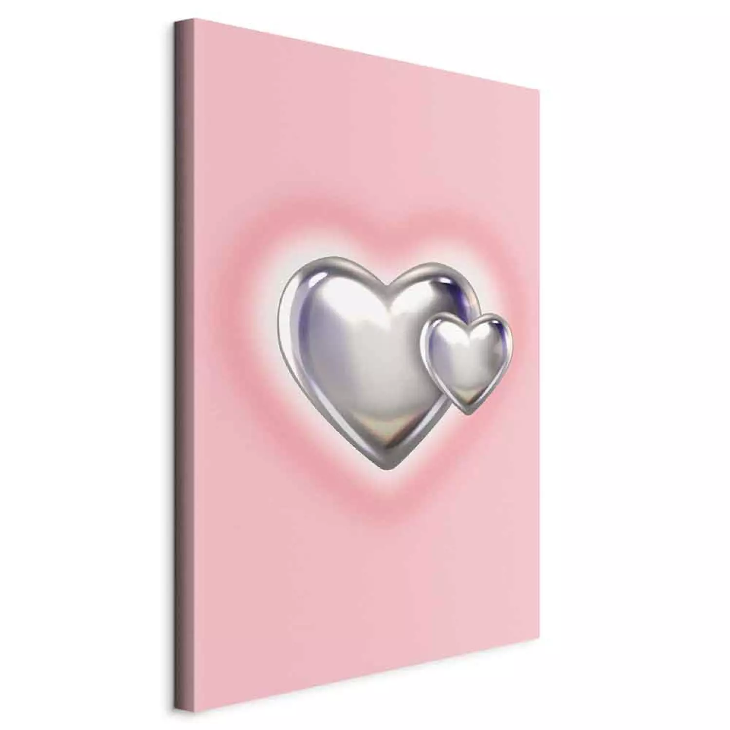Canvas Art Print Metallic Hearts - Silver Shapes on Subtle Pink Background