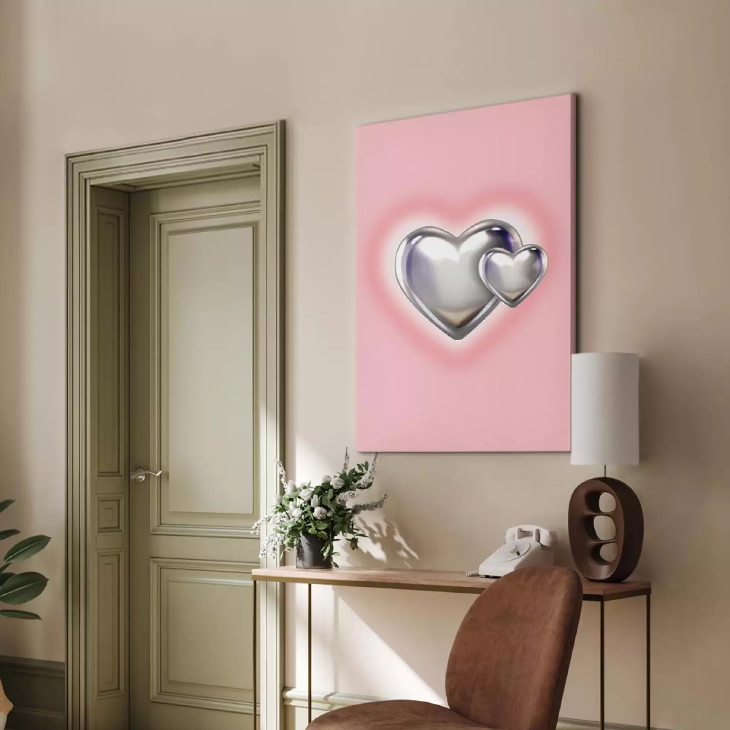 Canvas Art Print Metallic Hearts - Silver Shapes on Subtle Pink Background
