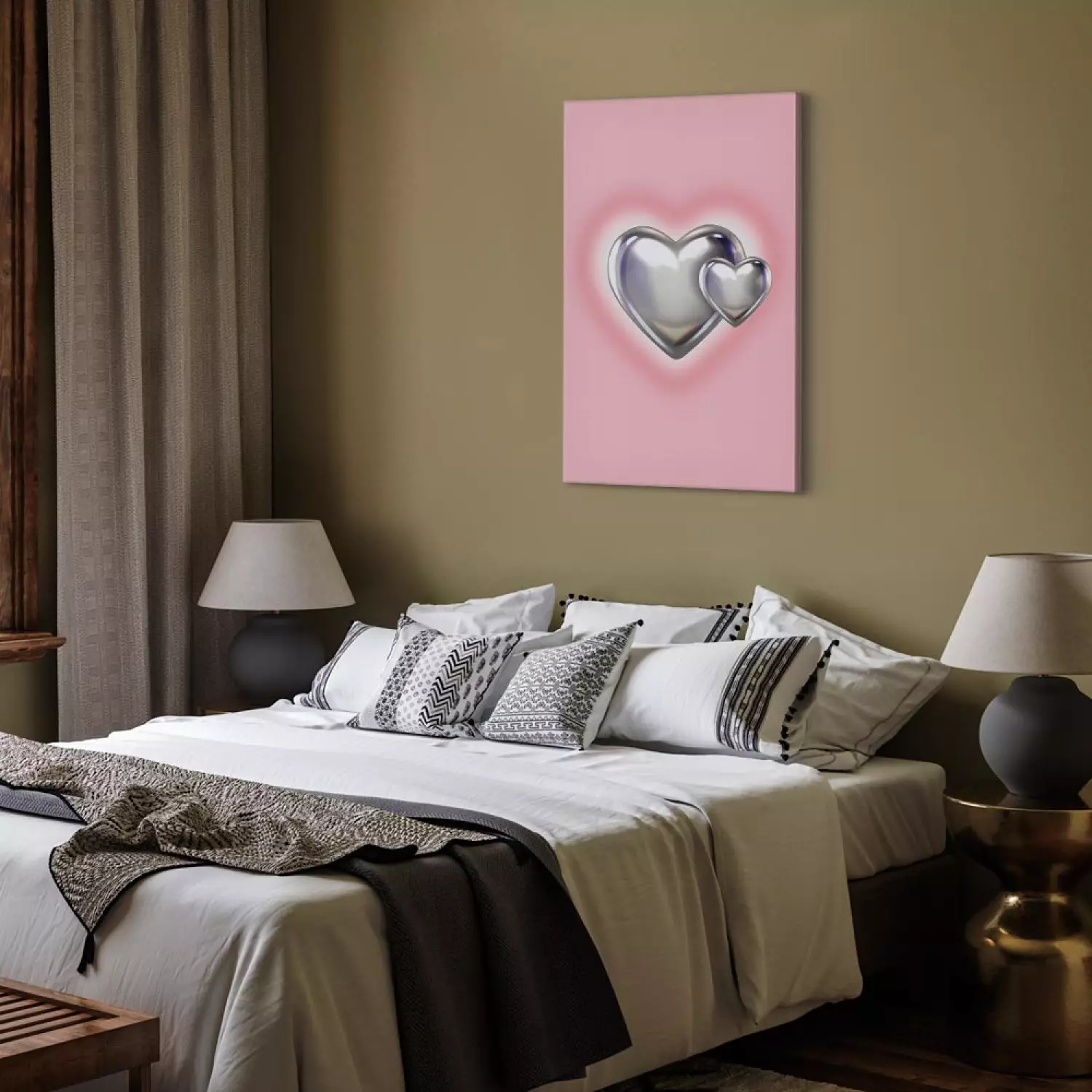 Canvas Art Print Metallic Hearts - Silver Shapes on Subtle Pink Background
