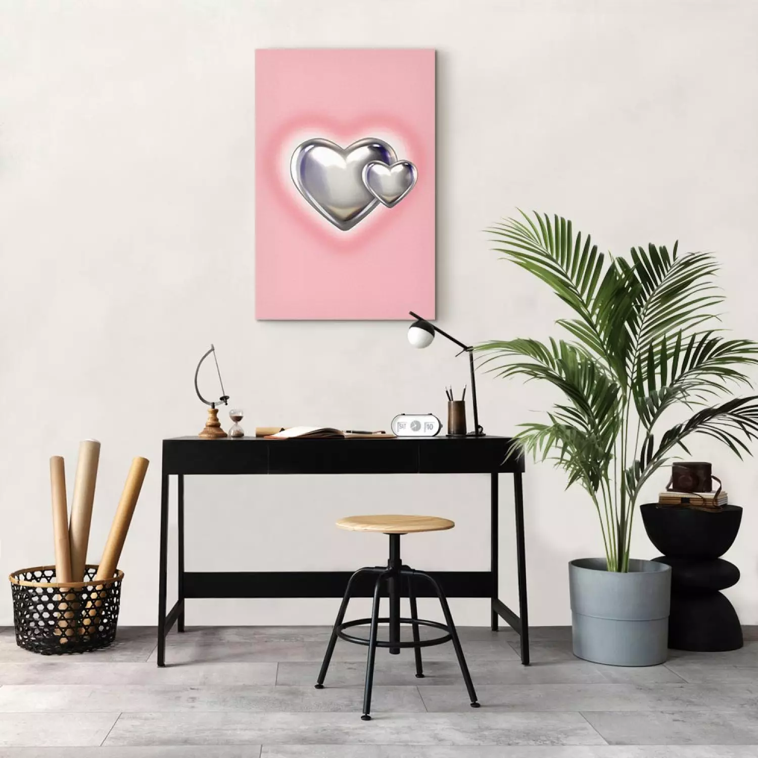 Canvas Art Print Metallic Hearts - Silver Shapes on Subtle Pink Background