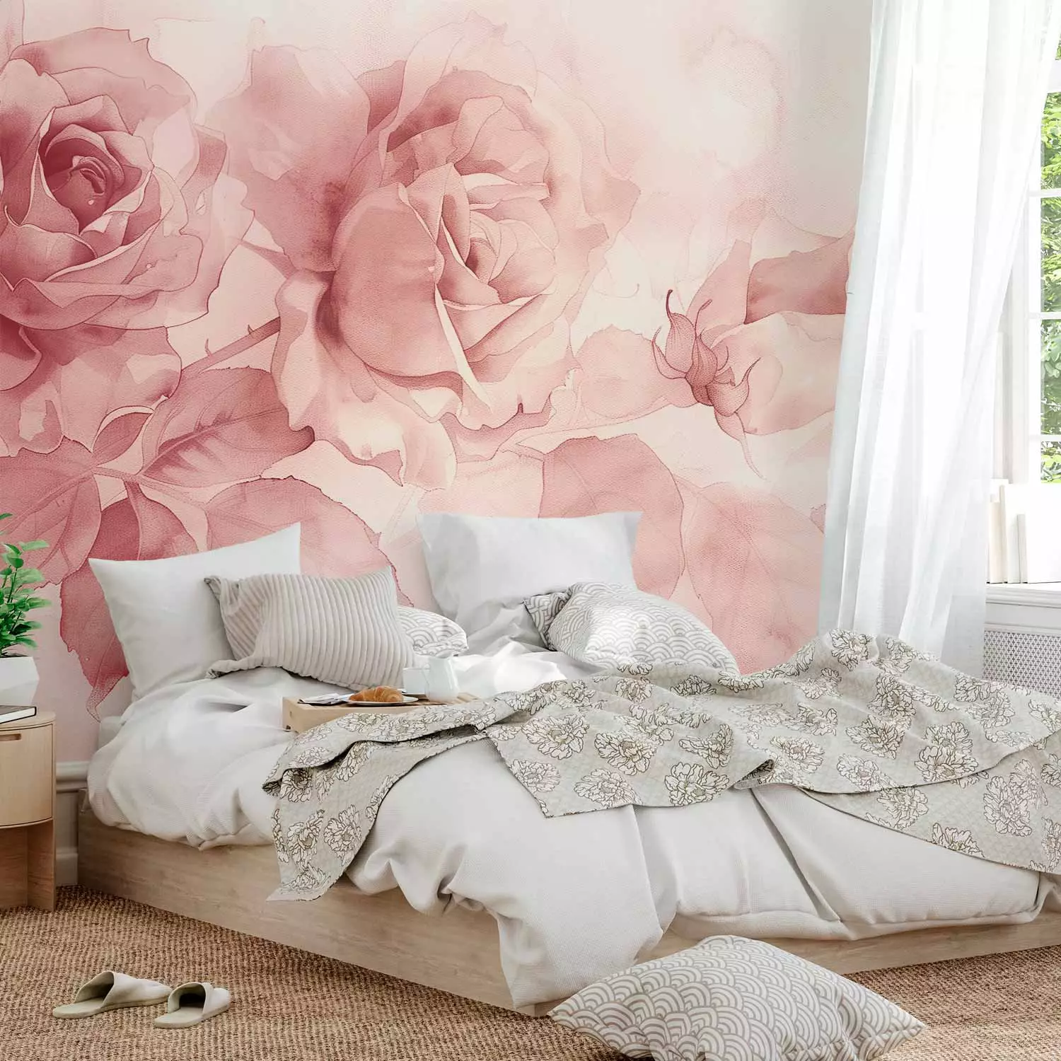 Photo Wallpaper Pink Watercolors - romantic compositions of roses in delicate tones