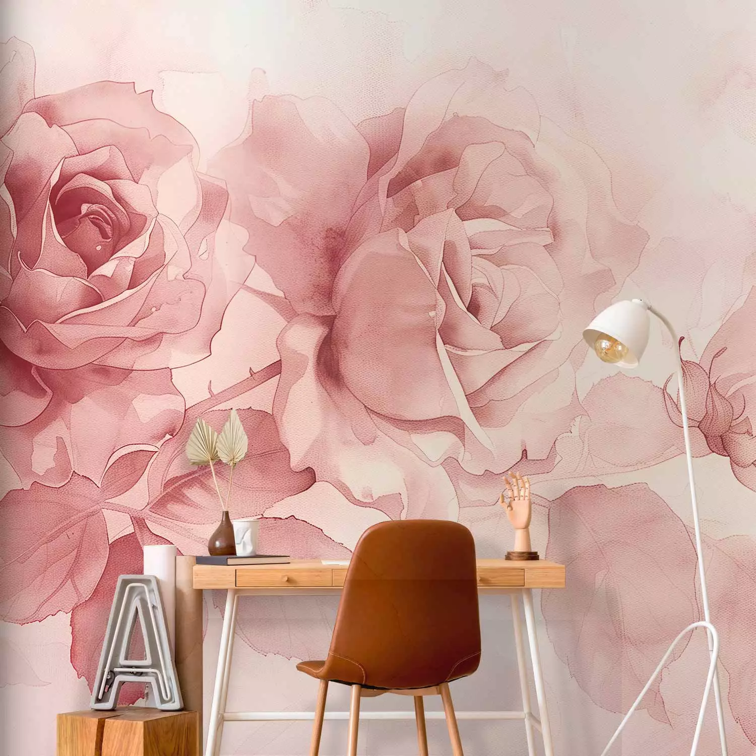 Photo Wallpaper Pink Watercolors - romantic compositions of roses in delicate tones