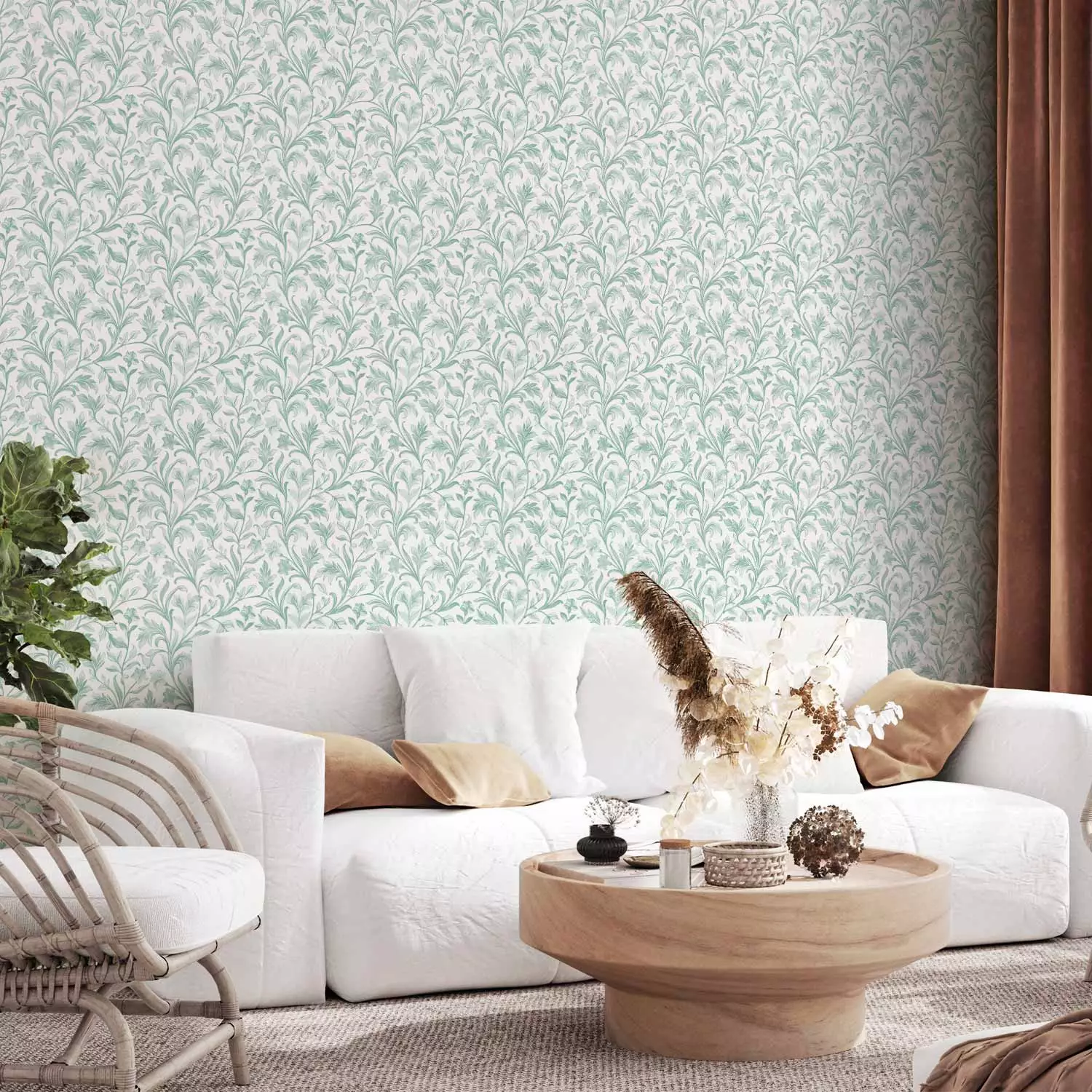 Wallpaper Delicate Pattern - subtle botanical motif in pastel shades of  green - bimago