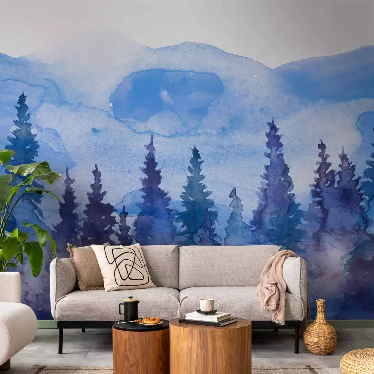 Blue Landscape - Artistic Composition of Mountain Forest in Watercolor