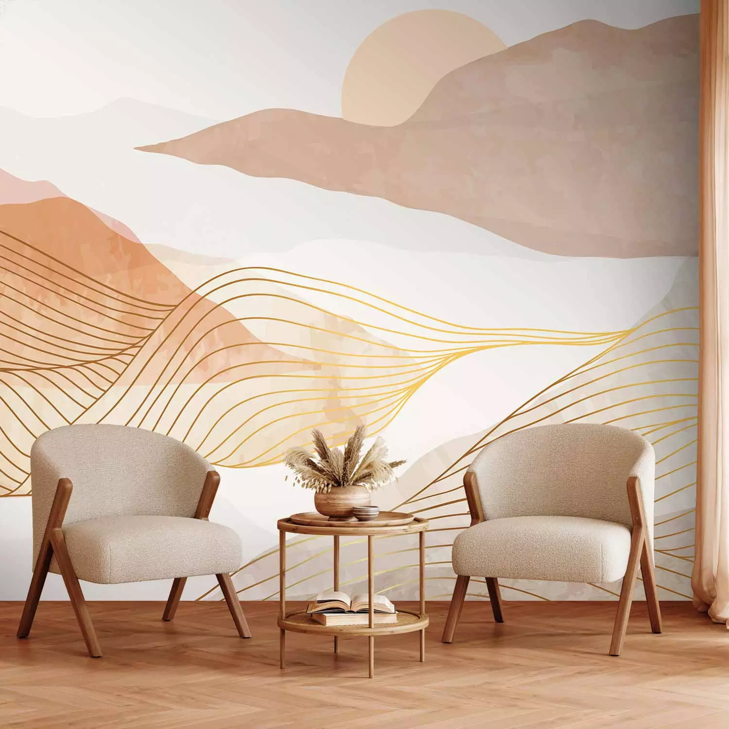 Photo Wallpaper Beige Sunset - Stylized Graphic Depicting Mountains and Setting Sun