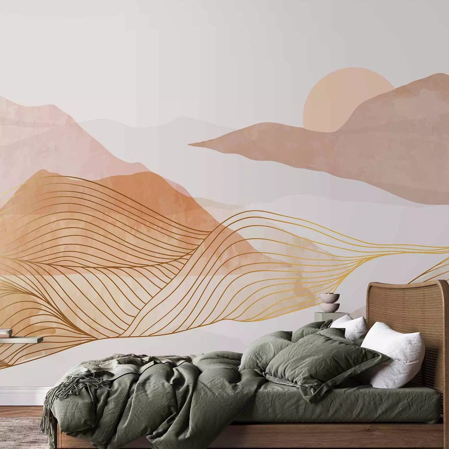 Photo Wallpaper Beige Sunset - Stylized Graphic Depicting Mountains and Setting Sun