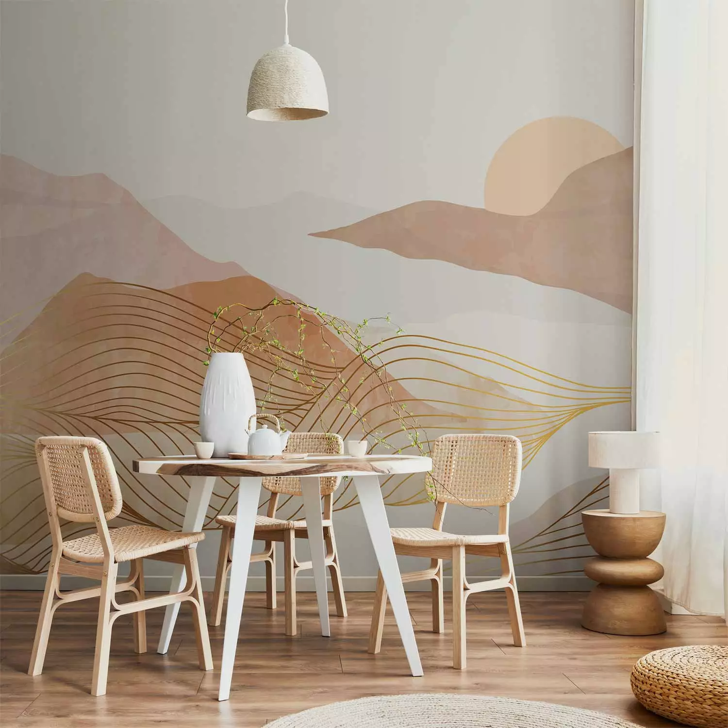 Photo Wallpaper Beige Sunset - Stylized Graphic Depicting Mountains and Setting Sun