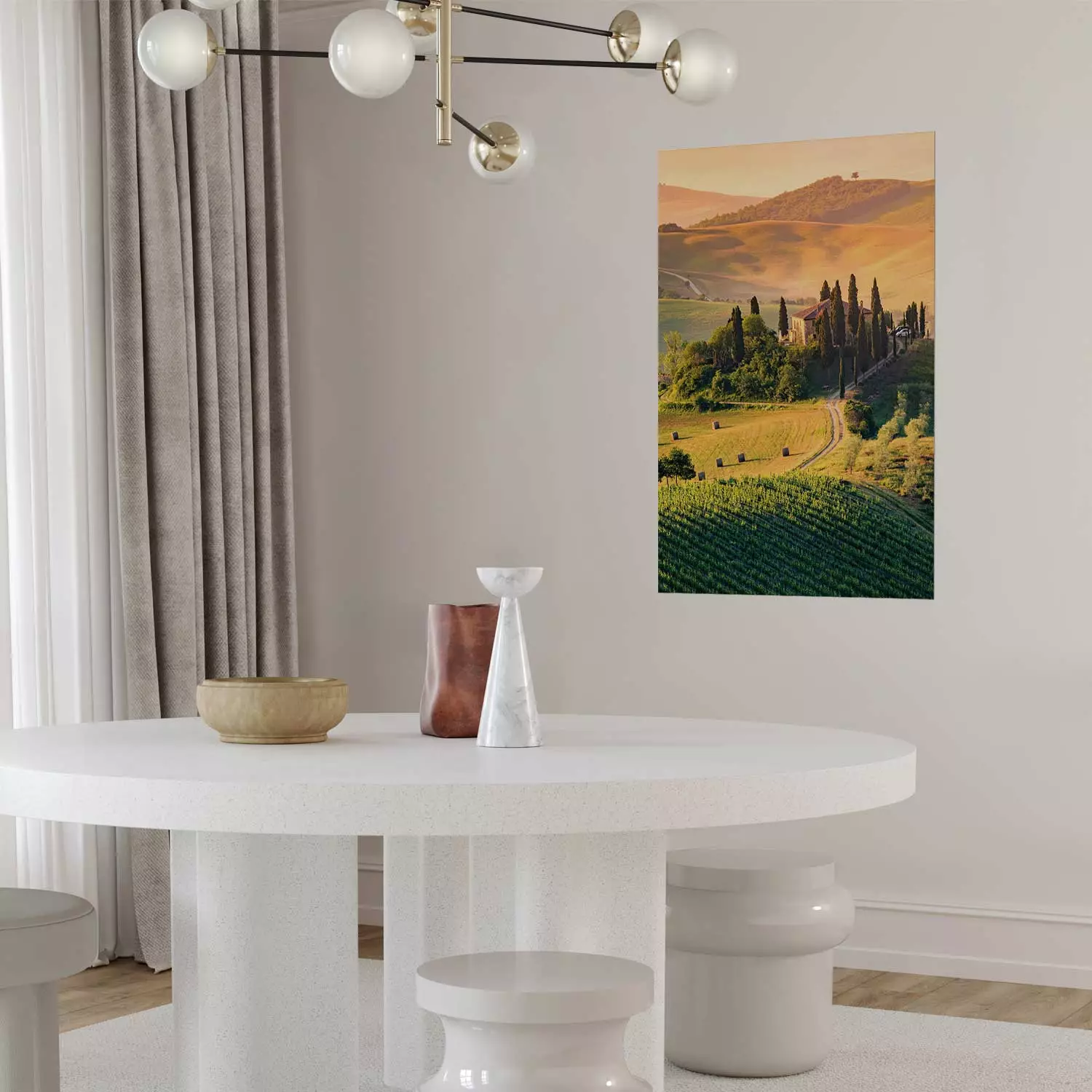 Poster Hills of Tuscany - romantic landscape with a villa amidst vineyards and trees